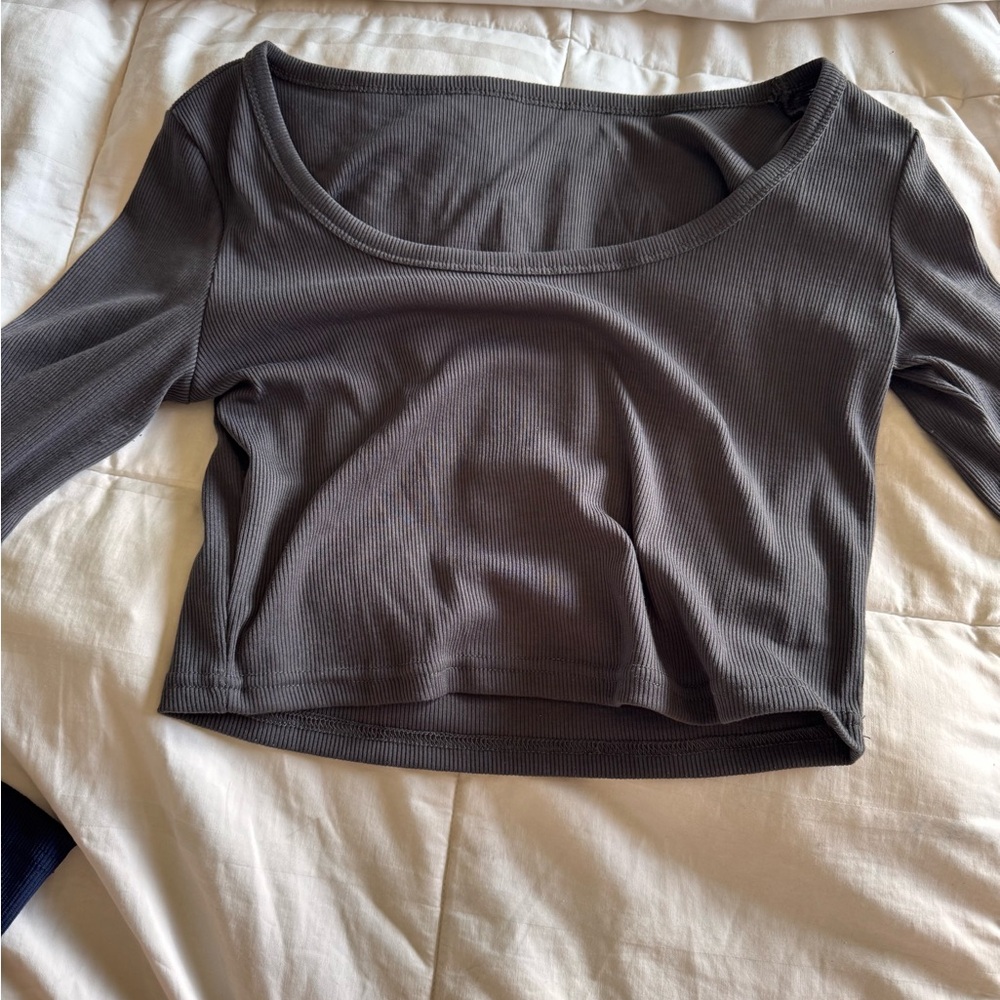 Jr Gray Fitted Crop Blouse with 3/4 Sleeves